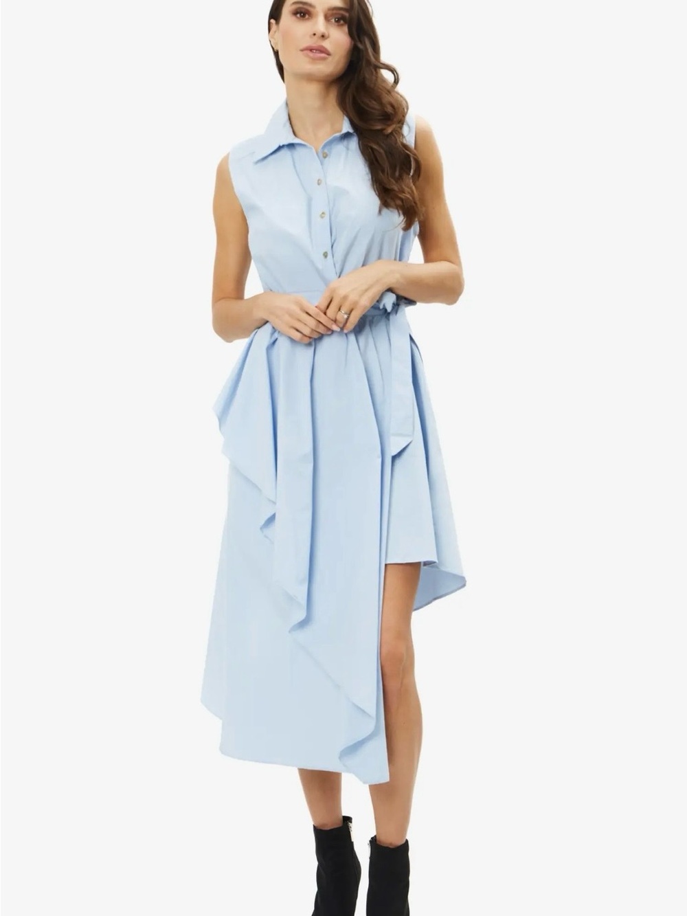 Sleeveless Light Blue Asymmetric Shirtdress